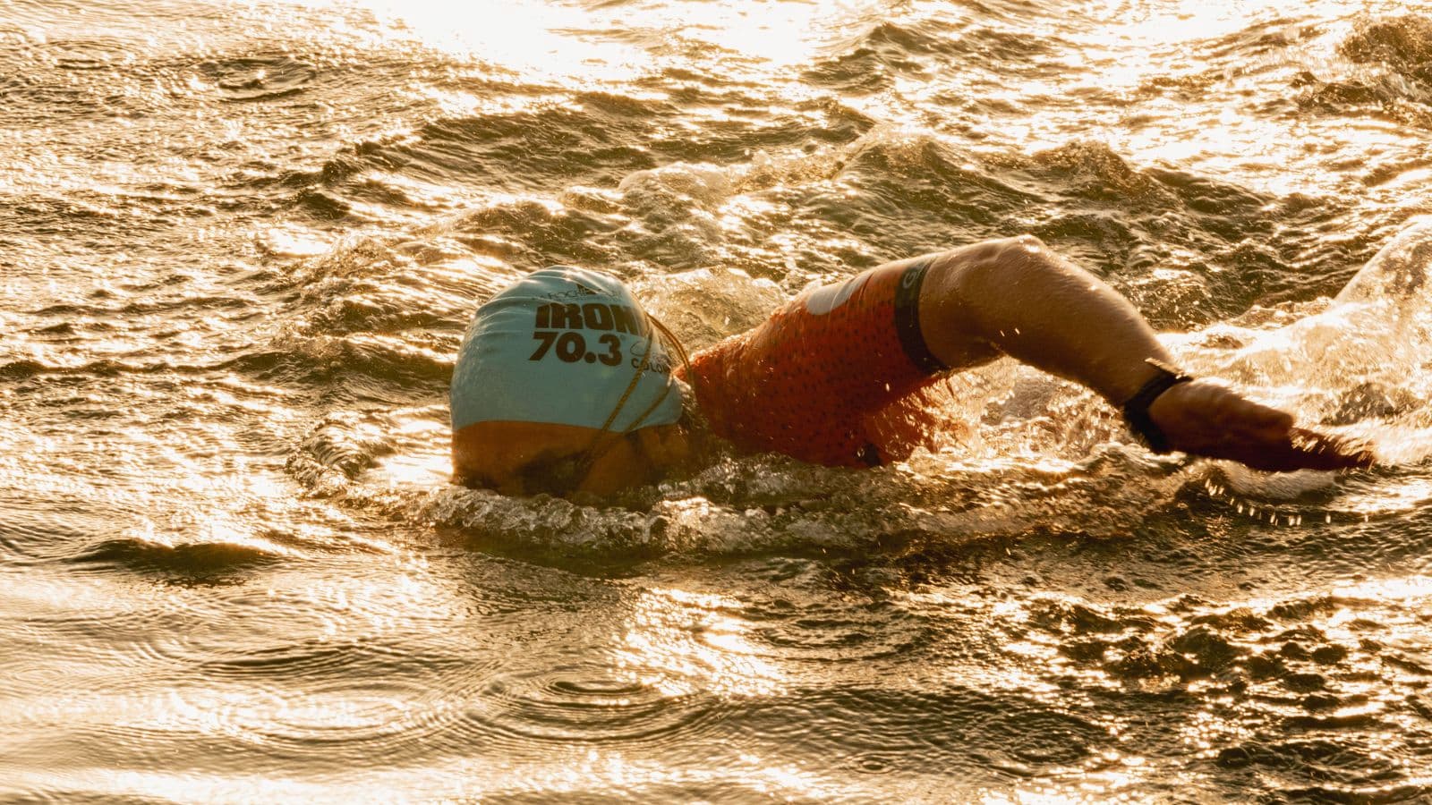 Triathlete lifting head briefly to sight a buoy while swimming freestyle in open water