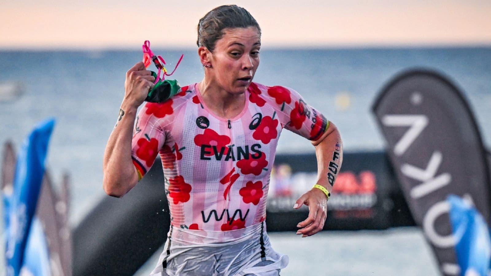 Ironman triathlete experiencing heavy legs and a major drop in pace during the marathon run leg after running low on glycogen.
