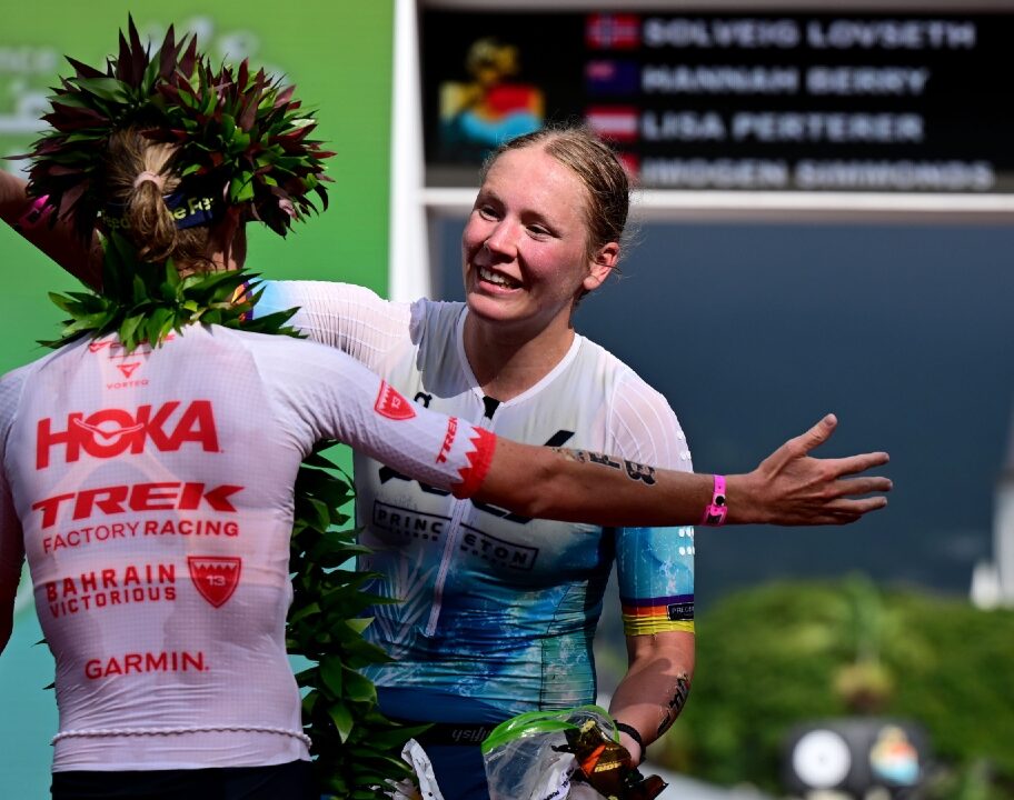 Taylor Knibb Solveig Lovseth finish line Kona 2026
