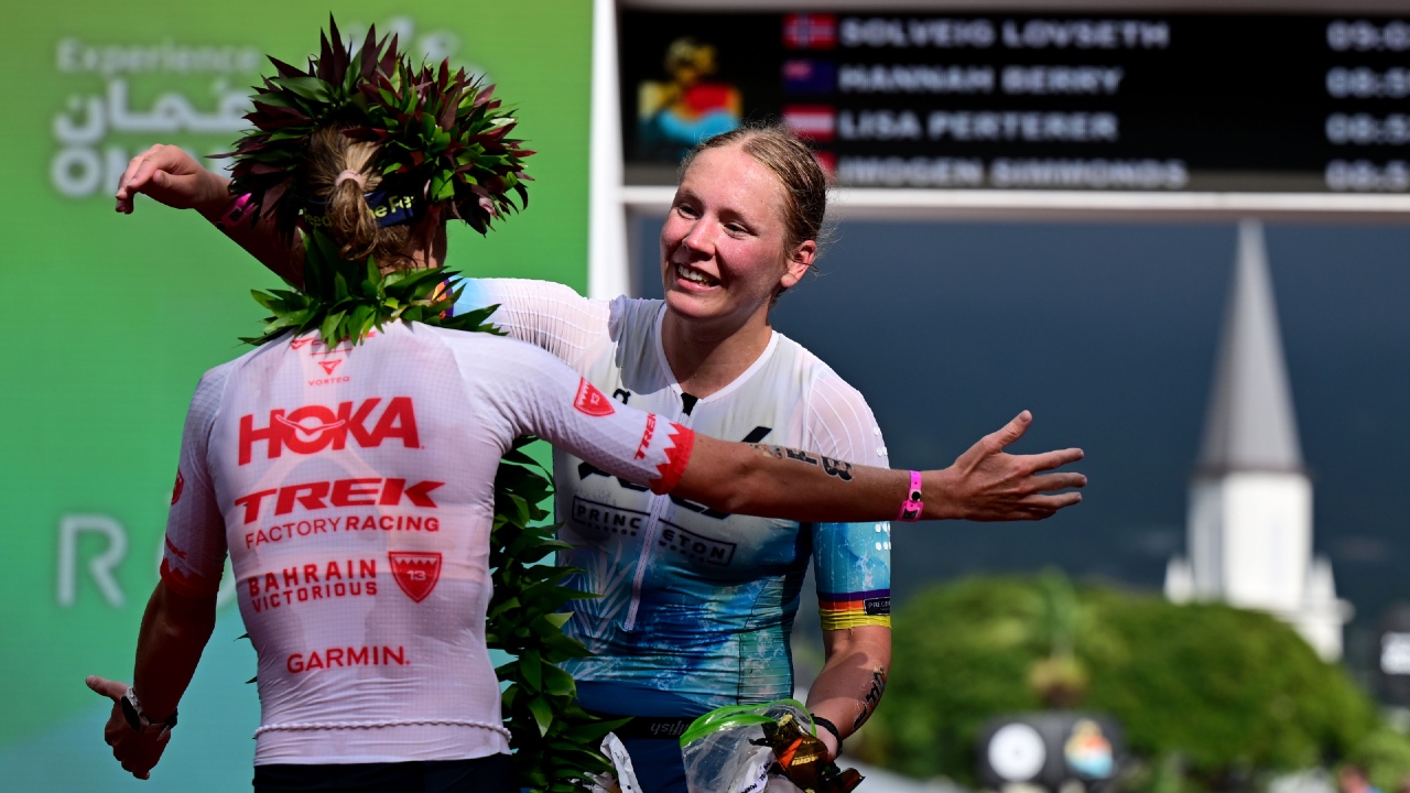 Taylor Knibb Solveig Lovseth finish line Kona 2026