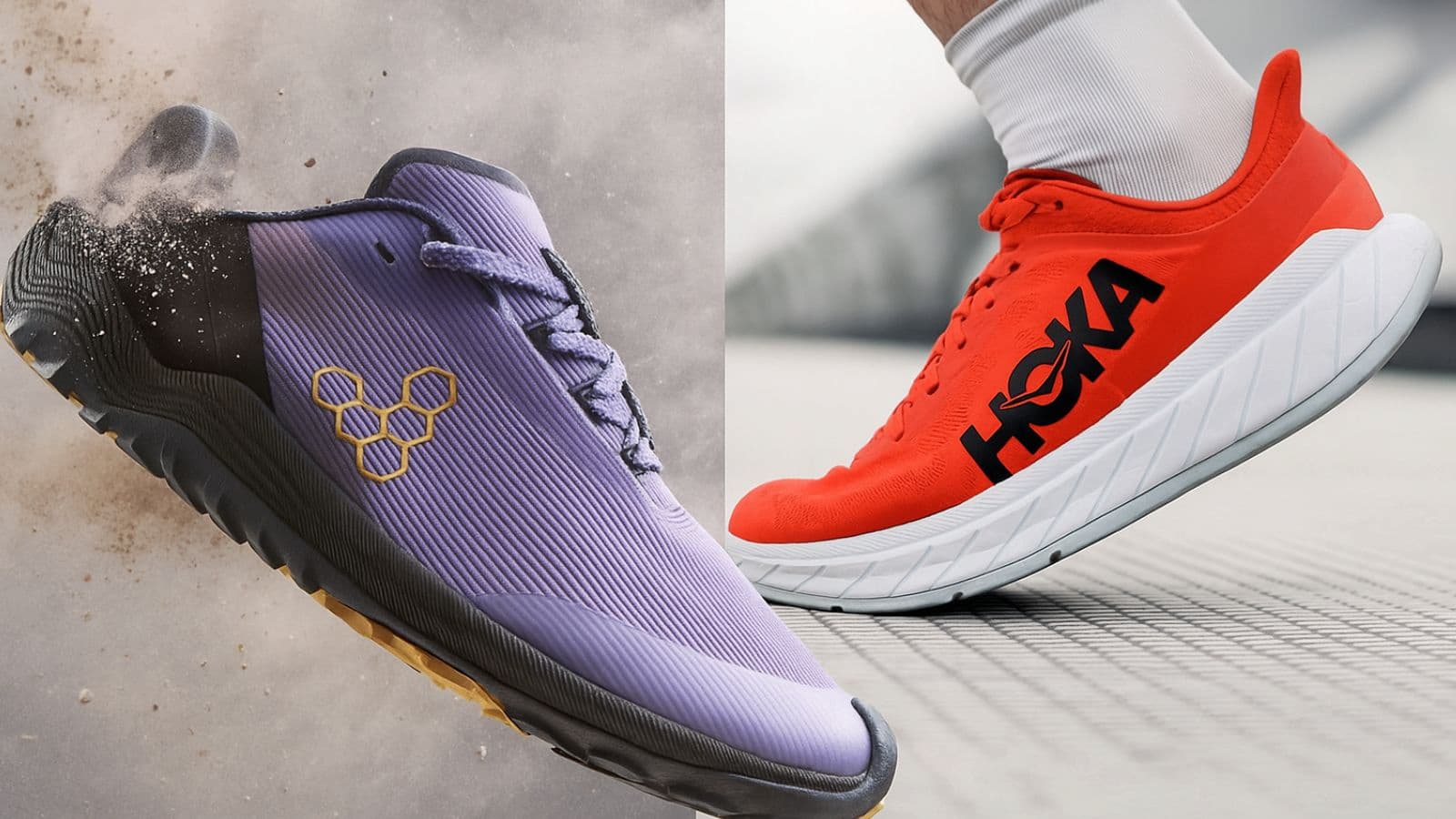 Male and female runners comparing cushioned running shoes with different midsole thicknesses and designs at a specialist running store.